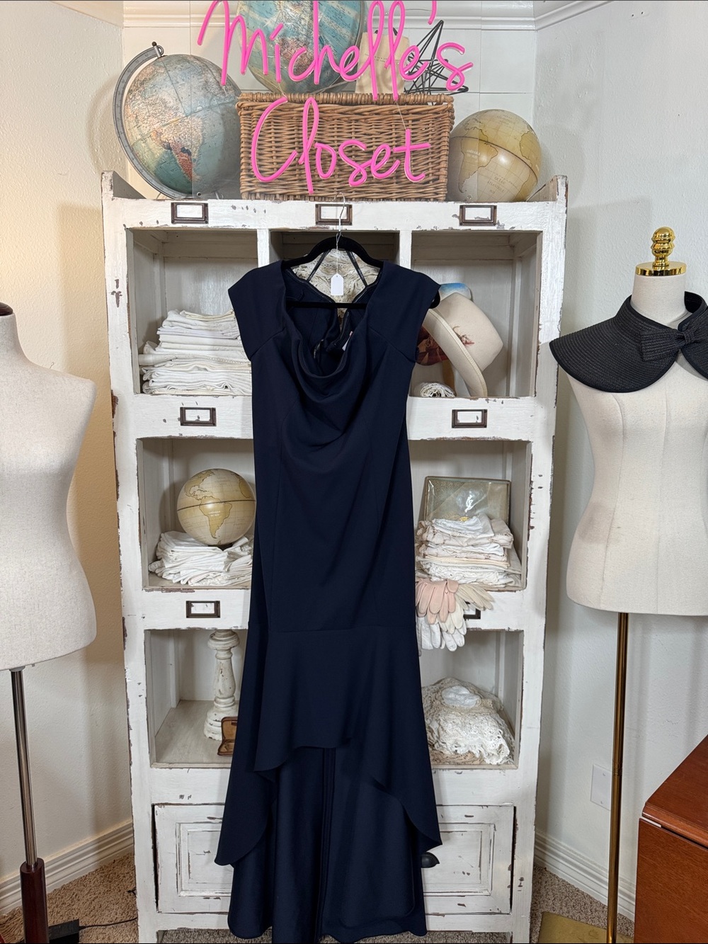 Calvin Klein off shoulder navy blue high, low formal dress